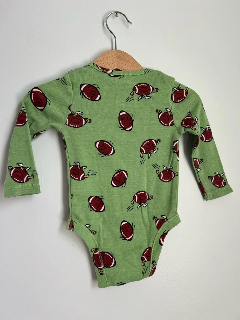Old Navy | Green Football-Print Long-Sleeve Baby One-Piece 6-12 Months